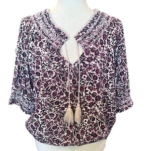 Lucky Brand Peasant Style Floral Top. Size: Medium Purple Tassels Half Sleeve